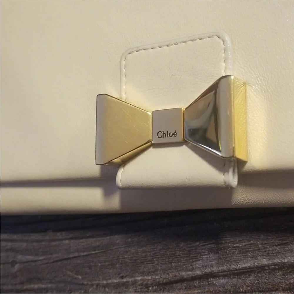 Chloé Chloe Gold Bow Cream Leather Clutch or Crossbody Bag